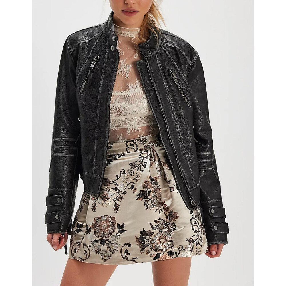 Free People Floral Satin Mini Skirt in Cream and Black